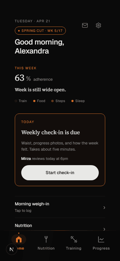 Client home with weekly check-in due, morning weigh-in, and this week's training grid