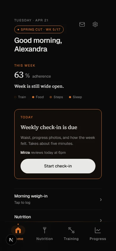 Client home with weekly check-in due, morning weigh-in, and this week's training grid